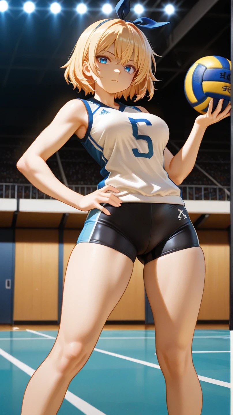 (masterpiece, 4k ,ultra detailed:1.2),(beautiful face:1.2),(anime:1.2),illustration,(solo:1.2),(black skin:1.2),(looking at viewer:1.4),(supermodel:1.3),(volleyball athlete:1.4),(volleyball uniform:1.4),(bike shorts:1.4),(volleyball:1.5),(sweaty skin:1.3),(white hair),(bangs pinned back:1.3),13yo,(very short hair:1.5),(white panties),(string,Chiseled abs,bouquet,child,large breasts,petite:1.1),(sfw,nipple,dress,sports bra:1.5),(cinematic angle),(full body:1.2),(Cameltoe:1.3),(volleyball field:1.5),(show off Cameltoe:1.3),(indoors)