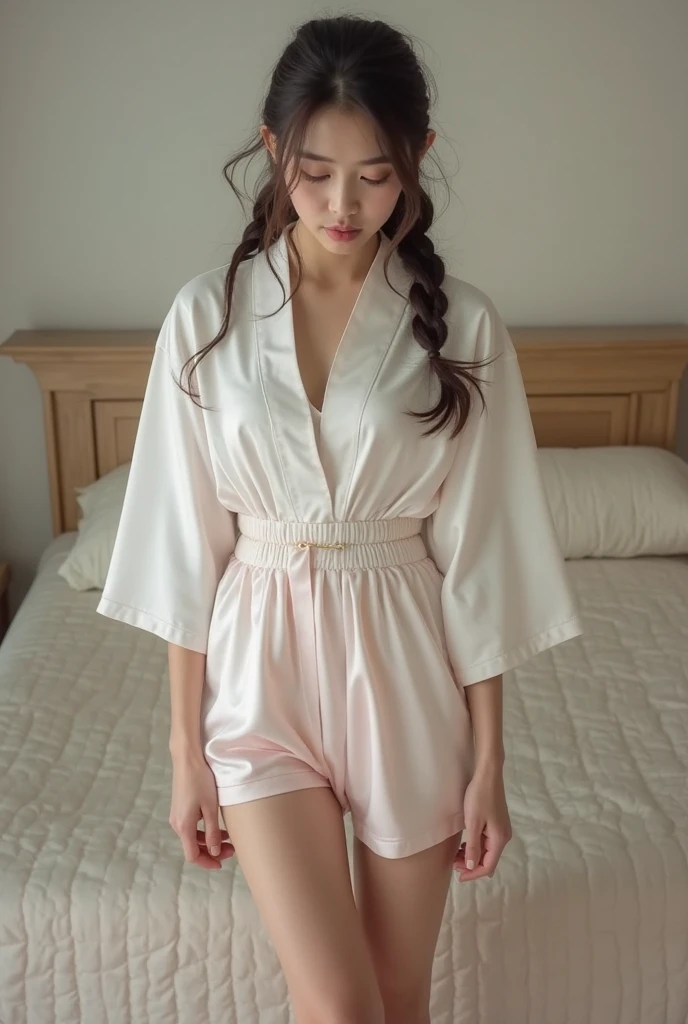 highest quality, masterpiece, ultra high resolution, (realistic:1.4), original photo, 1 32 year old female cute, goddess, off shoulder, pajama lace shorts, cinematic lighting, sexy, fascinating, T-back