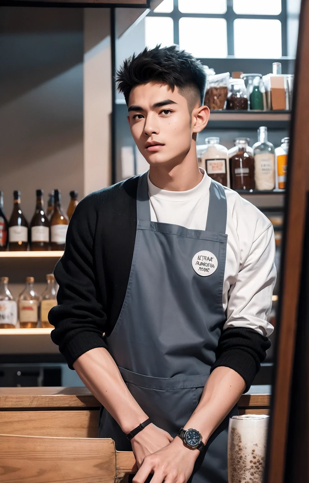 Young boys,brush cut,with a round face,A little fat,waitor,in the afternoon,Wear an apron,Wearing square-rimmed glasses