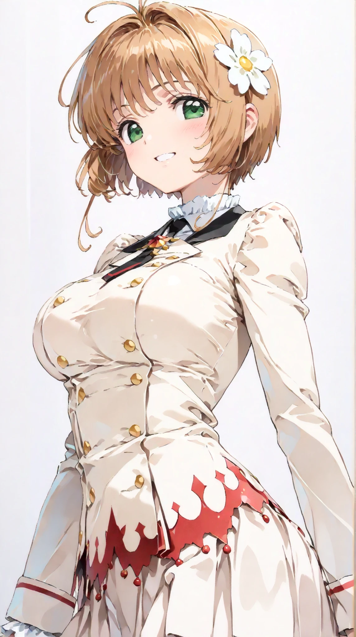 makoto nijima, blunt bangs, braid, brown hair, crown braid, (red eyes:1.3), short hair,, 1girl, solo, breasts, looking at viewer, blush, large breasts, nature, pond, trees, park, long white elbow satin gloves, holding, animal ears, cleavage, bare shoulders, jewelry, very long hair, gentle smile, pantyhose, earrings, rabbit ears, green leotard, fake animal ears, playboy bunny, long white gloves