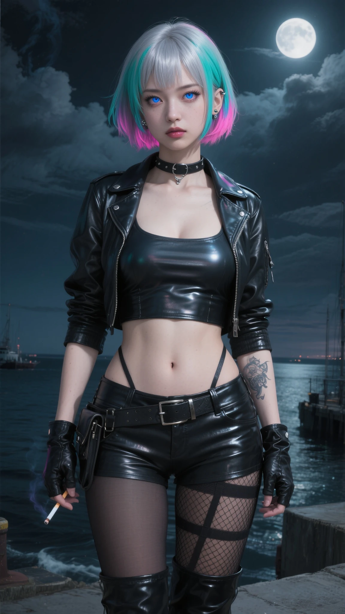 Red-haired girl from Europe (Evil and gloomy)), hairsh (tail, Bangtra Long Short Shiny Latex Jacket, leather shorts, Latex jacket very short, Choker, black tank top, wet clothing, SFW, A lot of blood, a lot of tattoos on the body,There is one girl in the frame, Dark and gloomy atmosphere, Realistic light, sporty figure, Sweat runs down the body, Medium-sized breasts of a seductive punk-gothic girl, latex jacket, latex shorts, Choker, wet thin tank top, pink and white hair, Long bangs, pigtails, black lips, pouty lips, Medium GRD, Athletic body, athletic toned butt, Girl from Europe, lots of tattoos, Not a model, Street , Dark atmosphere, The skin is shiny with sweat, Gloomy room, twilight