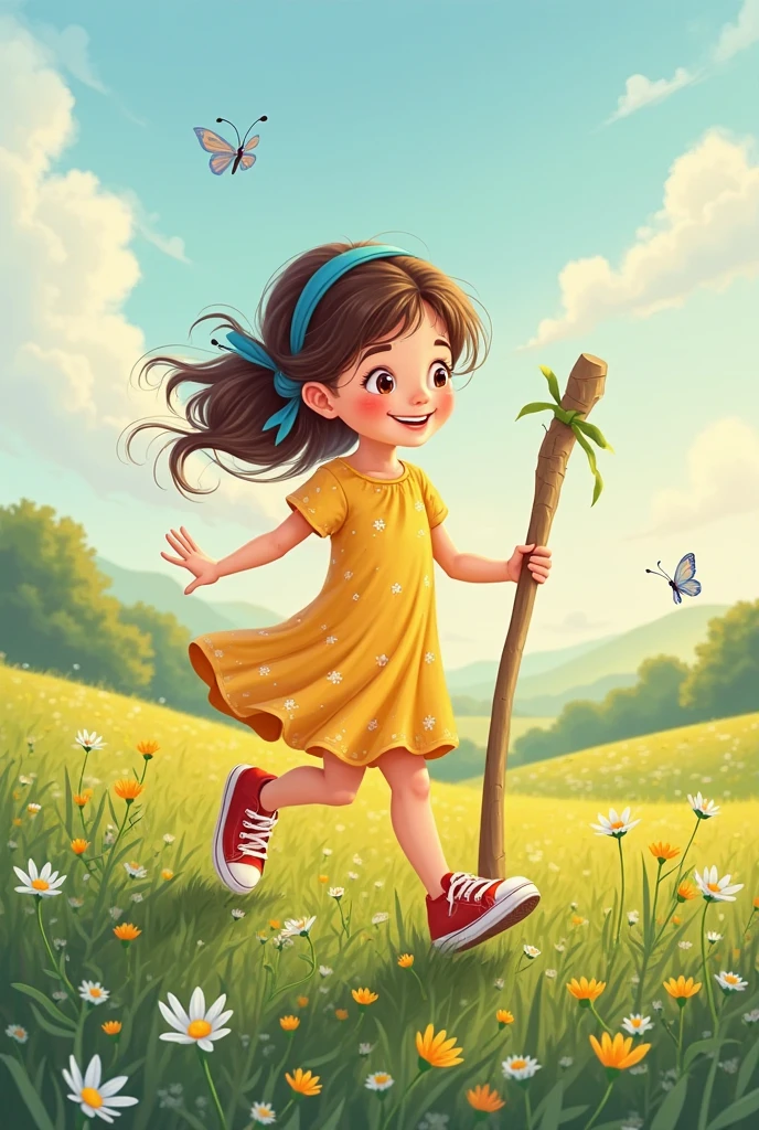 A girl in a blue skirt holding a stick with blue ribbon