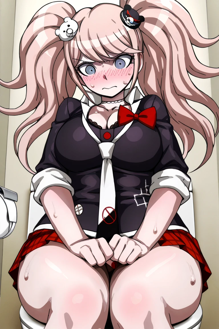 junko enoshima, long hair, bangs, blue eyes, pink hair, hair ornament, twintails, bear hair ornament, skirt, shirt, bow, cleavage, underwear, collarbone, necktie, choker, bra, red bow, black bra, sleeves rolled up, red skirt, frown, tetas medianas, muslos gordos, gagged, bondage shibari, manos y brazos atados, bdsm, Arms tied behind the back, arms behind the back, Arms tied behind the back, muslos atados, patas atadas, Gagged, bound arms, arms behind back, de frente, Ball Gag, bdsm,bondage, gagged, sitting position, Kneeling position, in the room, ball gag color roja, gag de correas, viendo hacia el espectador, looking towards the camera, shrimp position, babear, babeando, saliva en la gag, basement, sonrojada, en celo, patas atadas, pies atados, labios pintados de color rojo, POV, mano acariciando la cabeza, piernas abiertas, piernas atadas, globos de texto, ((3 comic panels, comic page, Speech bubble + Habla flecha (symbol)+ japanese comic book, burbuja + signos de exclamacion dentro de una burbuja de texto )), recuadros de texto, 3 panels Japanese comic and manga style, 3 paneles de diferentes perspectivas, fist-shaped hands, cum, wet pussy, Pussy dripping, very wet pussy