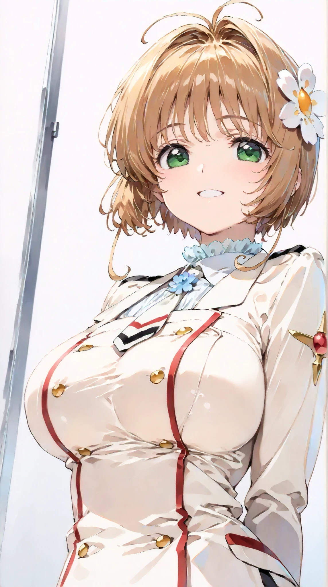 (masterpiece, top quality:1.5), 1girl, solo,  Kinomoto Sakura(Cardcaptor Sakura)、20yo, portrait, white clothes, Vermilion Jacket , Smiling, short hair, Full Body, Slightly Super Big Breasts, Flower Hair Accessory, kyun kyun, It's absolutely fine, 