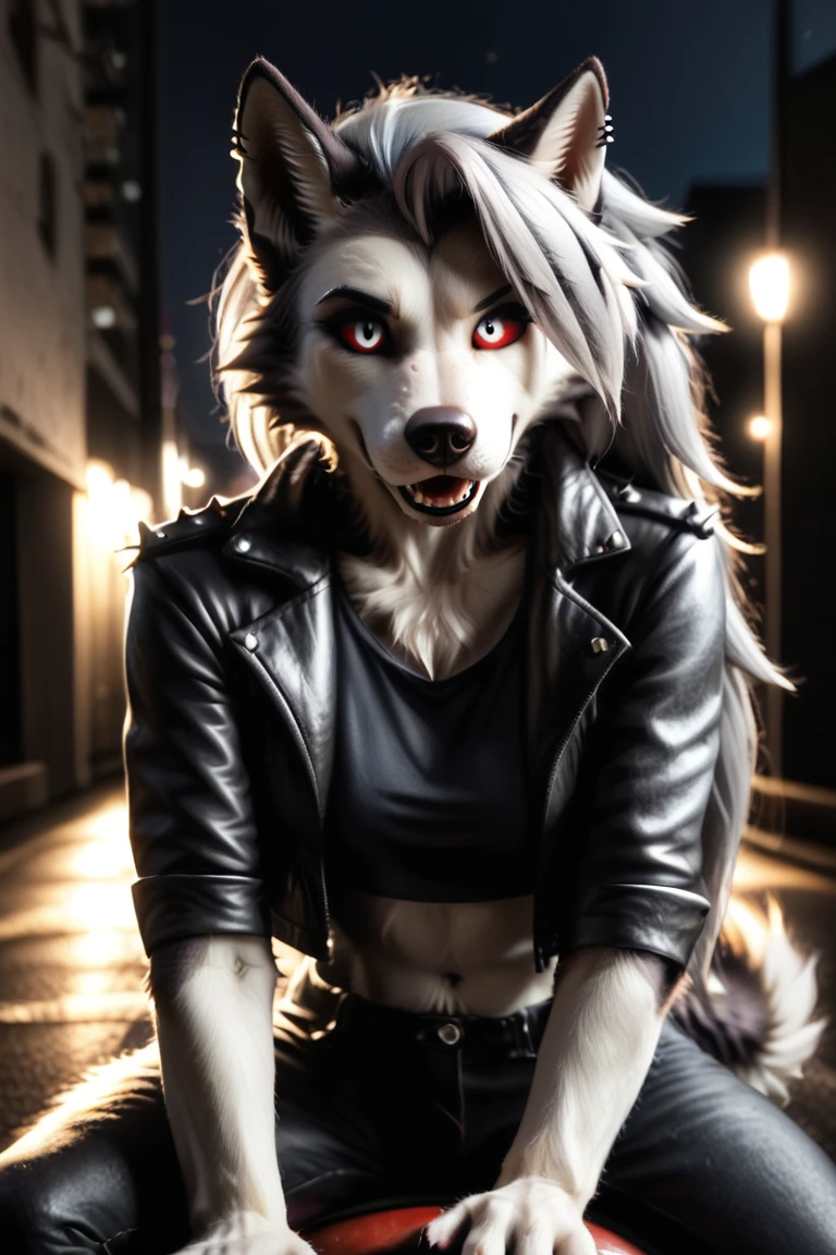 werewolf female, white fur, white hair with  dreadlocks, a little muscular, orange eyes, very agressive, angry, kneeling on the ground, angry, wearing a top color white, wearing a leather jacket color black open, wearing a miniskirt color black, wearing high heels, furry art draw, suburban zone background.