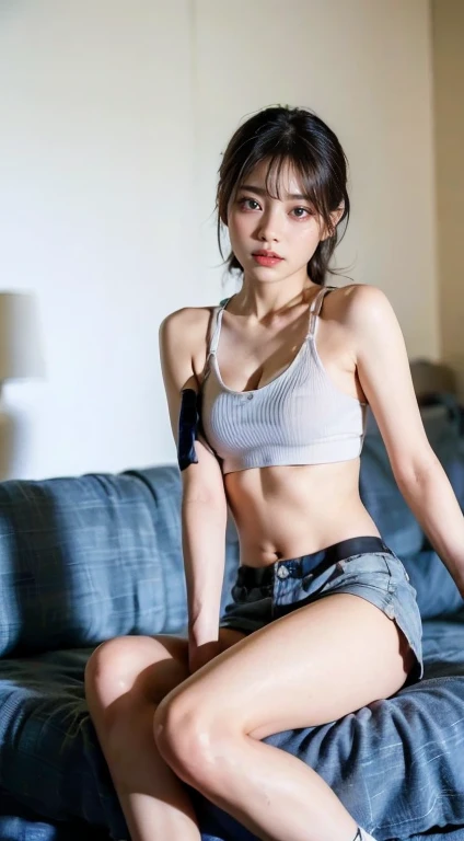 Sitting with legs apart, Sexy expression, Japanese women, 15 years old, Knee raised