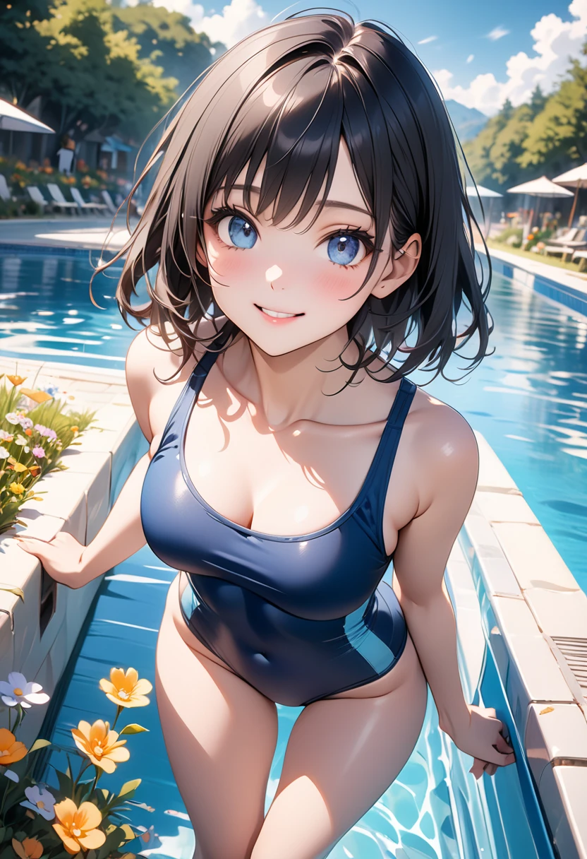 (top-quality: 1.3), (masterpiece: 1.3), (The ultra-detailliert: 1.3), (wall-paper, one girls: 1.1)、(Detailed hands and fingers:1.2)、(Detailed ultra-oily shiny skin:1.1)、oily shiny thighhigh、(New one-piece school swimsuit in beautiful dark blue color:1.2)、(Pink hair:1.2)、ssmile、(Beautiful Large Breasts:1.3)、short-hair、(Cute brown hair band:1.1)、Beautiful sister、(Resorts:1.3),(Beautiful light blue water surface:1.2)、No waves、Overwater Bungalow、sexypose、Sit with your legs open