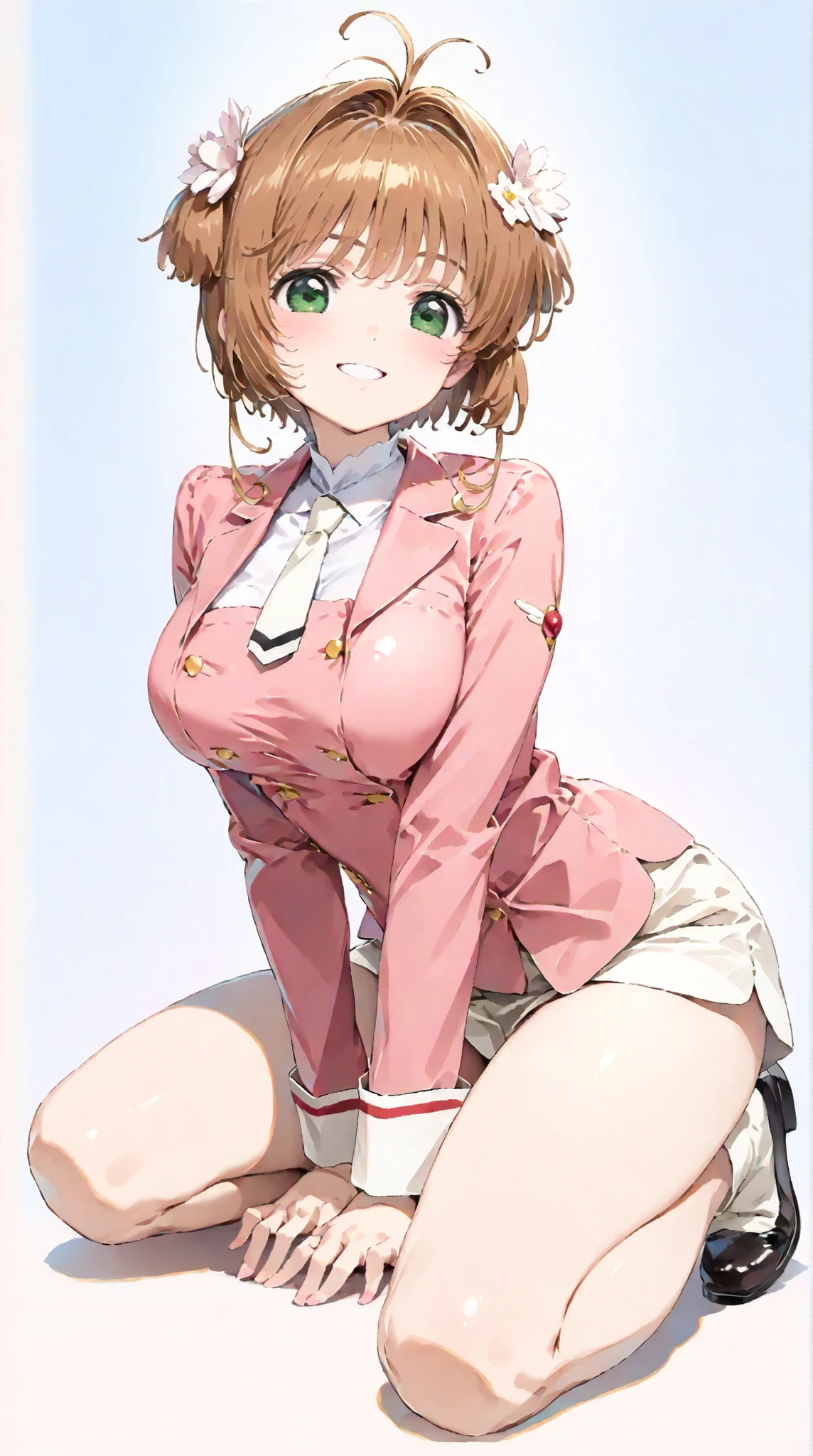 (masterpiece, top quality:1.5), 1girl, solo, Kinomoto Sakura(Cardcaptor Sakura)、20yo, portrait, pink clothes, Dark Pink Jacket, Smiling, short hair, Full Body, Slightly Super Big Breasts, Flower Hair Accessory, kyun kyun, It's absolutely fine,