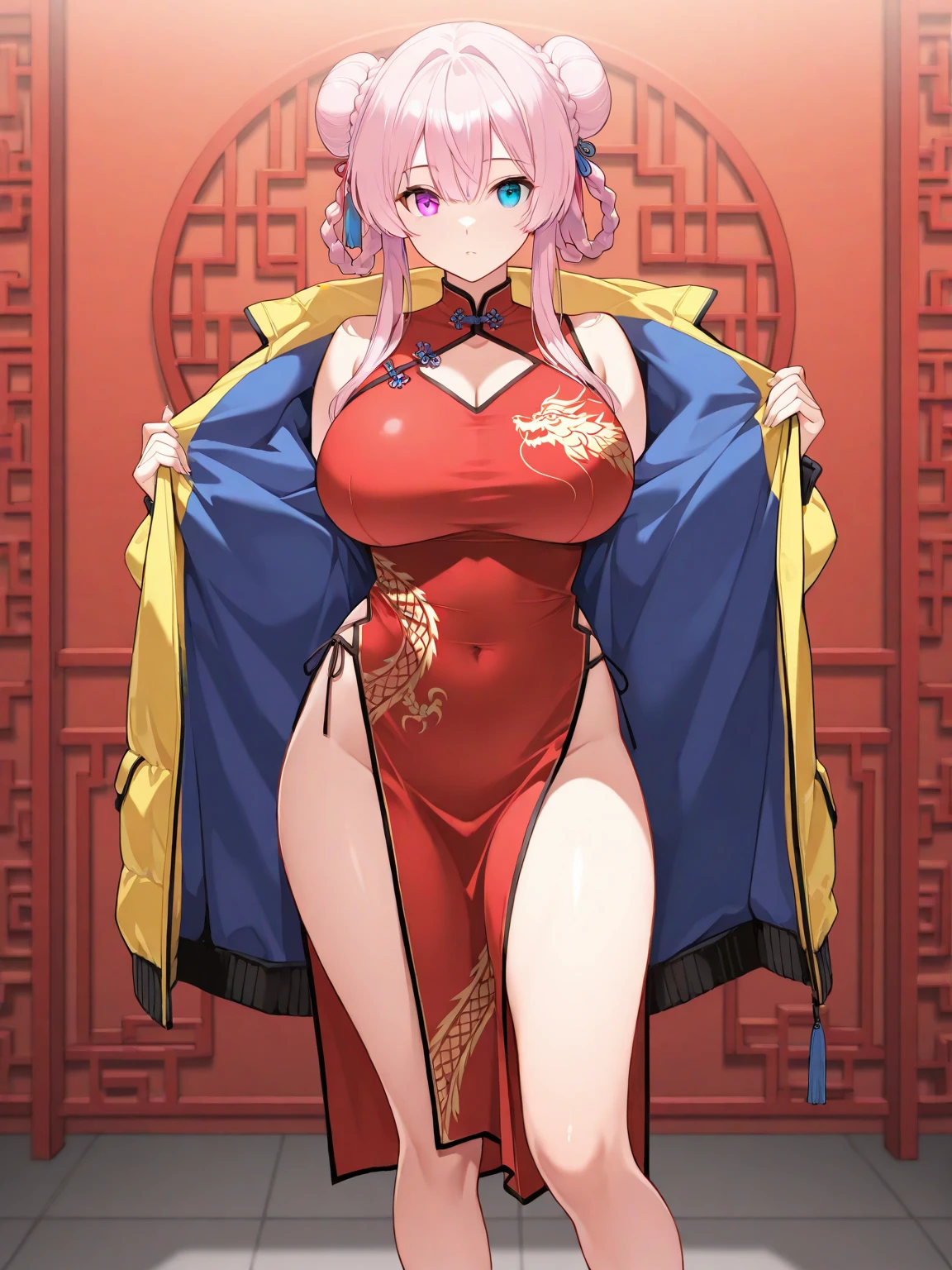 Fantasy,((Masterpiece)),((high resolution)),((Best Quality)),Anime illustration,(((1girl))),(wavy hair),(short hair),(pale pink hair color),small ponytail,Red eyes,(Big round eyes),((tareme)),12 years old,((baby face)),((very big breasts)),Short stature,,,(china dress),Ladylike,blush,I'm very embarrassed,((restrained)),rope bondage,