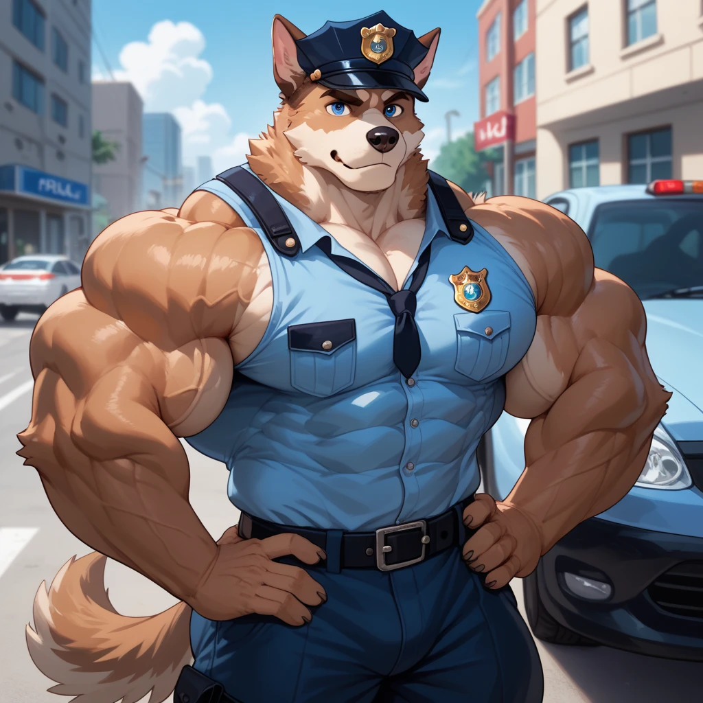 Leopon, hybrid, long mane, big mane, male, solo, adult, abs, big pecs, nipples, older, strong muscles, detailed face, beautiful eyes, detailed eyes, police outfit, police shirt, open shirt, muscular chest, muscular, happy face, bodybuilder body, beefy, city and police car, blue jeans pants, bulge, looking at viewer, by bruteandbrawn, by personalami, by kenket, (intricate, high detail, film photography, soft focus, RAW candid cinema,
photorealism, realistic, photorealistic, analog style, subsurface scattering,
masterpiece, best quality, ultra realistic, 8k)
