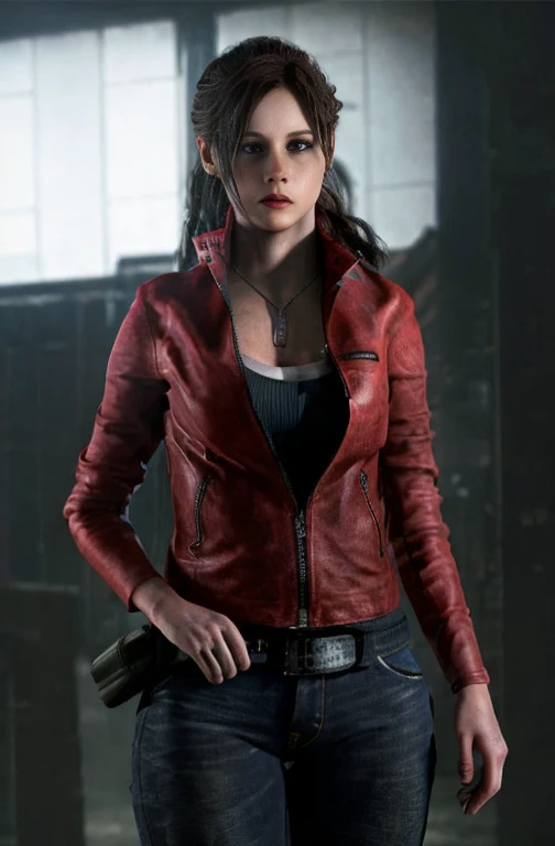there is a woman in a red jacket holding a gun, Inspired by Resident Evil, realistic art style, photorealistic artstyle, deviantart art station cgscosiety, The glamorous Jill Valentine, 🌺 society, photorealistic dark concept art, arte conceptual photorealistic, society - w 1 0 2 4 - n 8 - i, photorealistic!!!!!!! Art Style