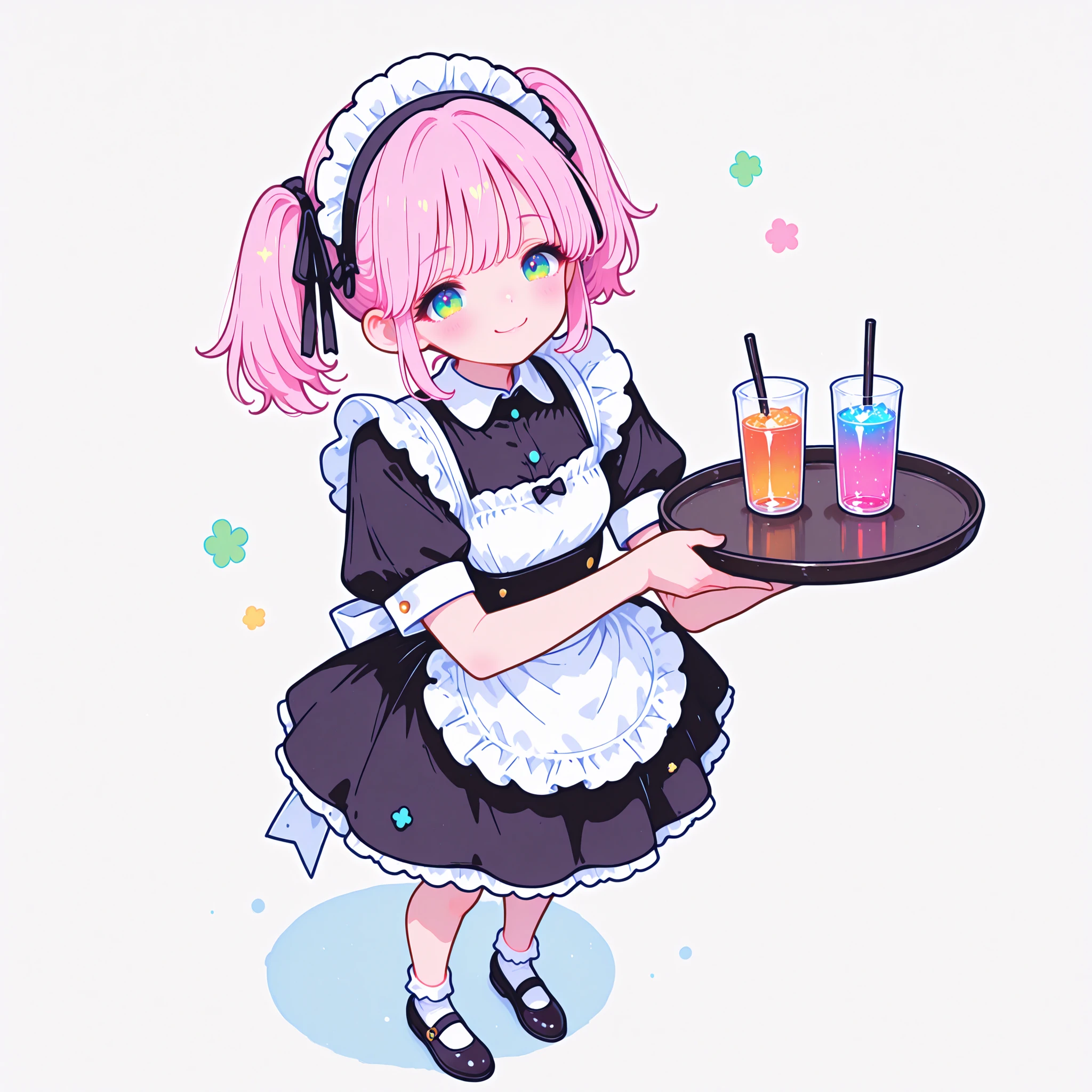masterpiece, best quality, ultra detailed, high resolution, intricate details, sharp focus, smooth shading, professional lighting, vivid colors, clean lineart, anatomically correct, beautifully detailed eyes, no artifacts, 1girl, full body in frame, flat bust, pink twin tails, cheerful smile, green eyes, wearing a classic black and white maid-style waitress uniform with a frilly apron and headband, black mary jane shoes, holding a tray with drinks, slightly bowing, slightly high angle, white background