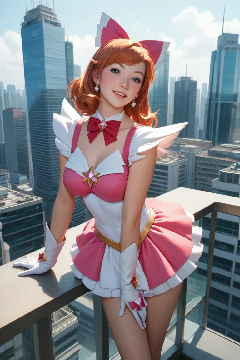 (solo, 1girl), (absurdres, ,highres, official wallpaper, poster), (masterpiece, best quality:1.2), (illustration, realistic), (perfect details, highest detailed, extreme detailed), dramatic light, starguardianlux, (white thighhighs, elbow gloves, hair ornament, tiara, skirt, star guardian \(league of legends\), ), (heart-shaped pupils, pink hair, twintails, short hair), (street, sunlight, seductive smile, )
