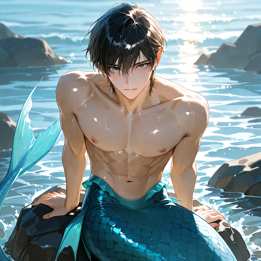 A handsome mermaid with short brown hair., yellow eye, Dark skin