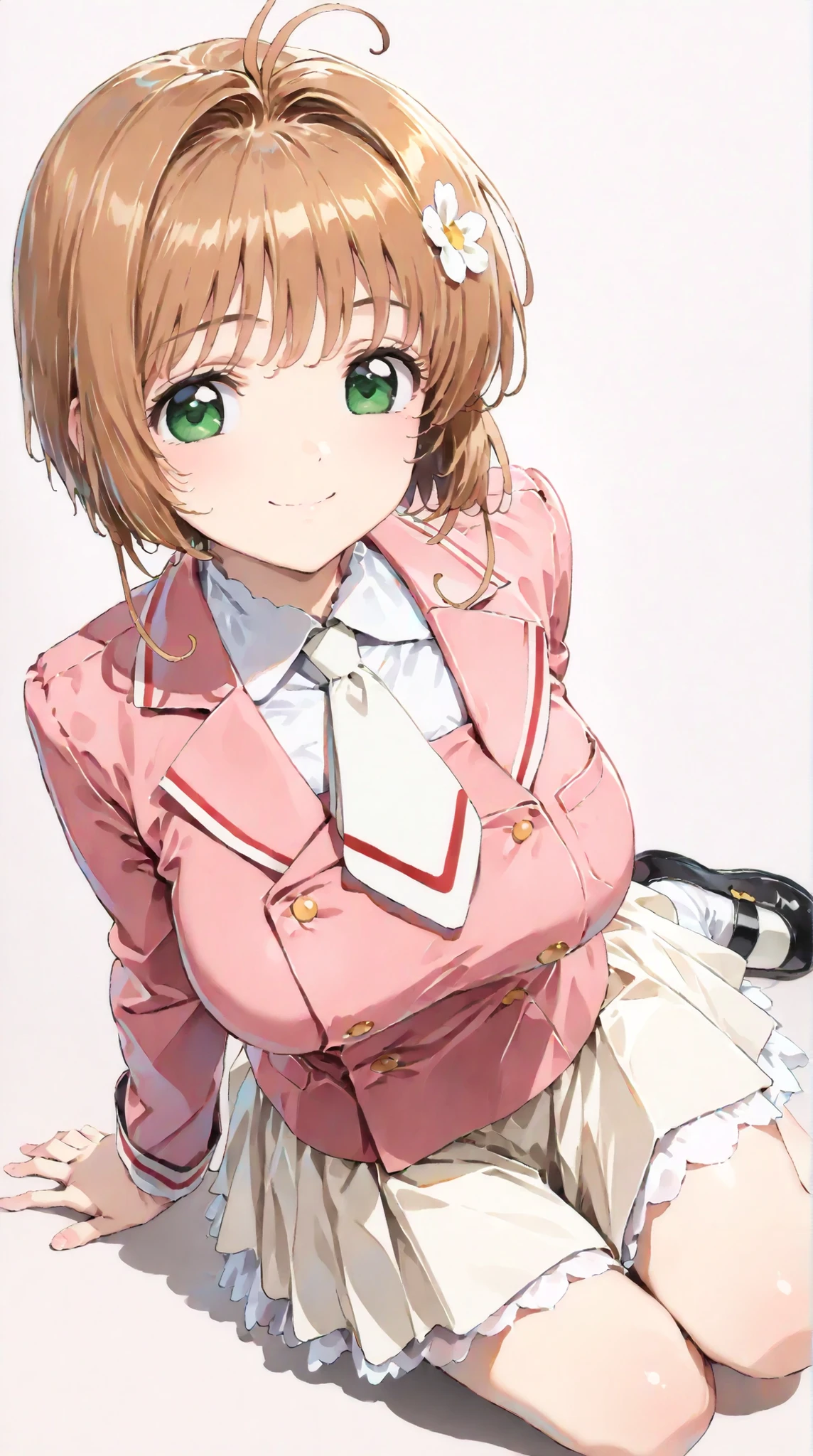 (masterpiece, top quality:1.5), 1girl, solo, Kinomoto Sakura(Cardcaptor Sakura)、20yo, portrait, pink clothes, Dark Pink Jacket, Smiling, short hair, Full Body, Slightly Super Big Breasts, Flower Hair Accessory, kyun kyun, It's absolutely fine,