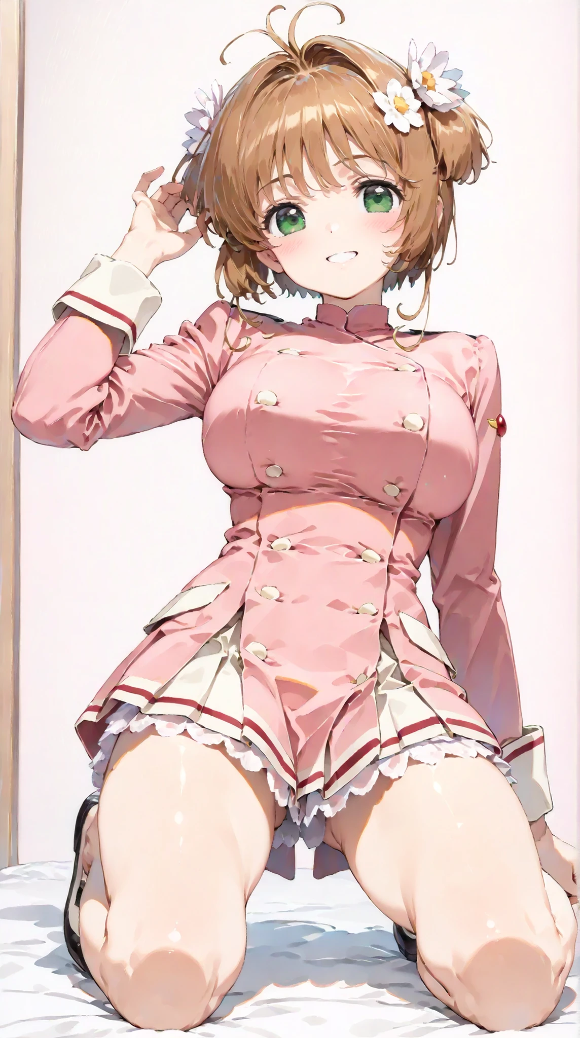 (masterpiece, top quality:1.5), 1girl, solo, Kinomoto Sakura(Cardcaptor Sakura)、20yo, portrait, pink clothes, Dark Pink Jacket, Smiling, short hair, Full Body, Slightly Super Big Breasts, Flower Hair Accessory, kyun kyun, It's absolutely fine,