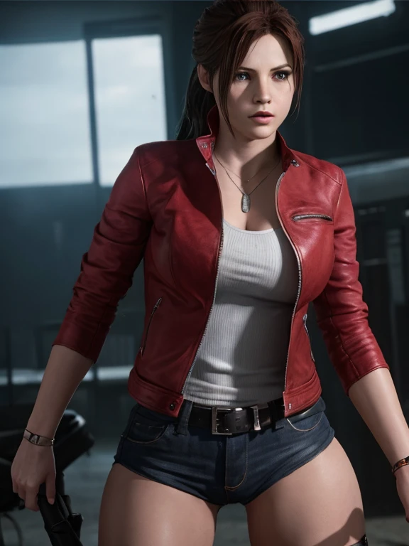 1 girl, (masterpiece:1.2, Best Quality:1.2), ((Claire Redfield, very tall, super beautiful, small head, (muscular woman:1.4)), Resident evil, (Red jacket , blue Trousers), big breasts, (Detailed face, Detailed skin texture)