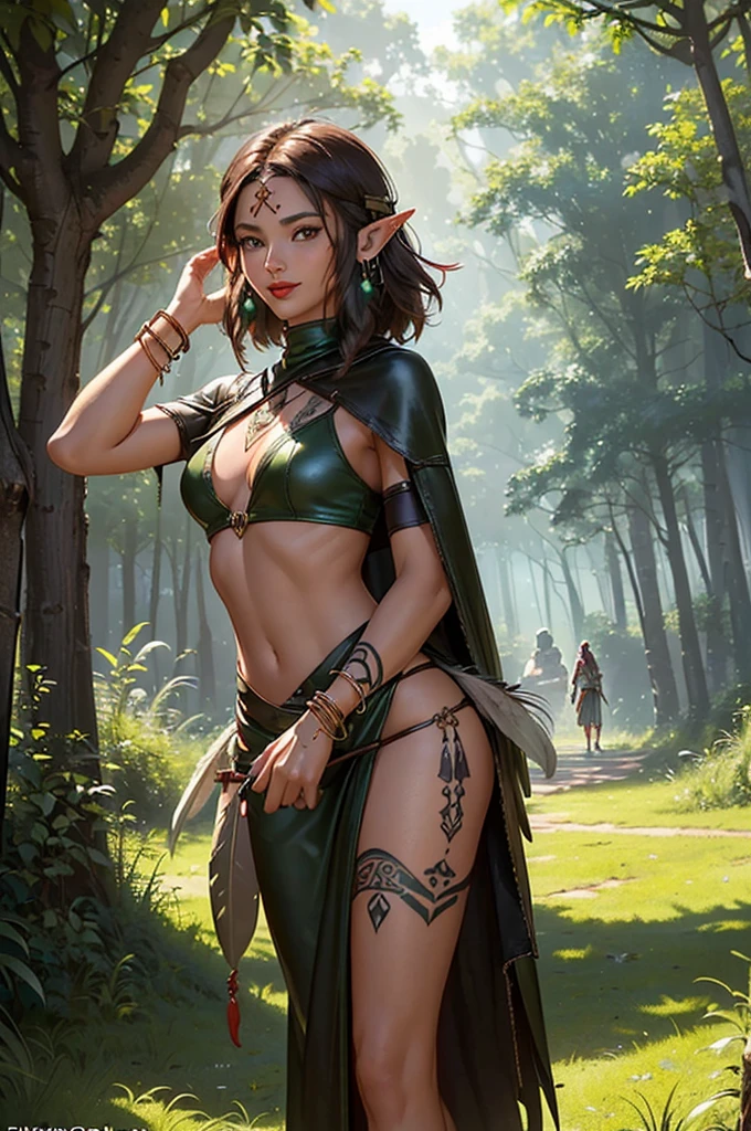 (8K,RAW photos,best qualtiy,tmasterpiece:1.2),ultra - detailed,offcial art,photo-realistic:1.37,upperbody shots,rainforests,Female elf,Large breasts,Leather clothes,machete,ornate decoration,Complex textures,Tattooed with