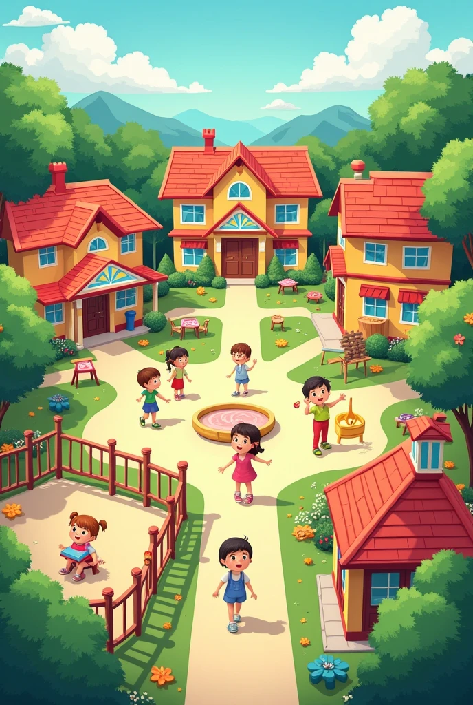 Create a square with a playground for children, realistic image with painting style