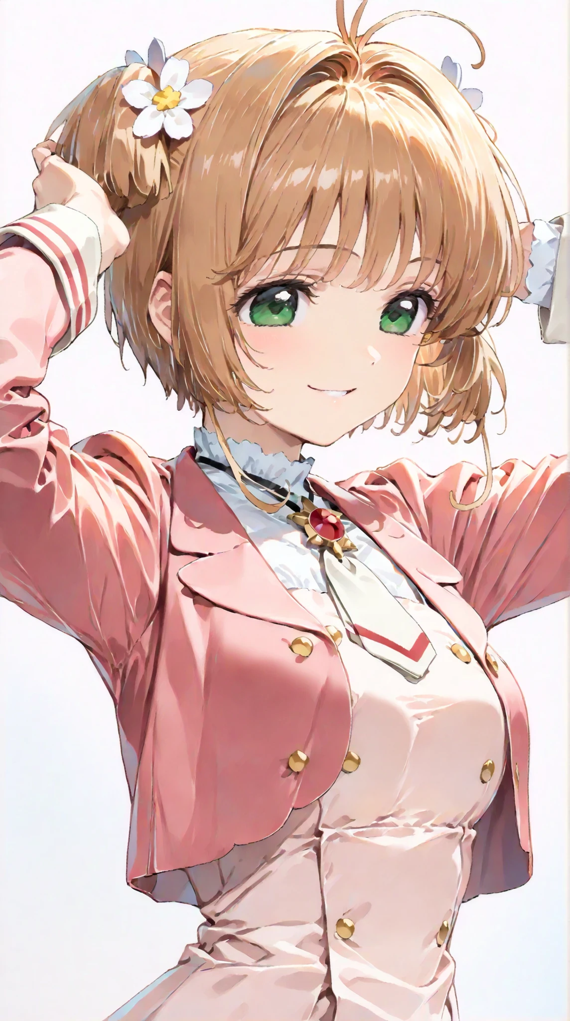 (masterpiece, top quality:1.5), 1girl, solo,  Kinomoto Sakura(Cardcaptor Sakura)、20yo, portrait, pink clothes, Dark Pink Jacket, Smiling, short hair, Full Body, Slightly Super Big Breasts, Flower Hair Accessory, kyun kyun, It's absolutely fine, 