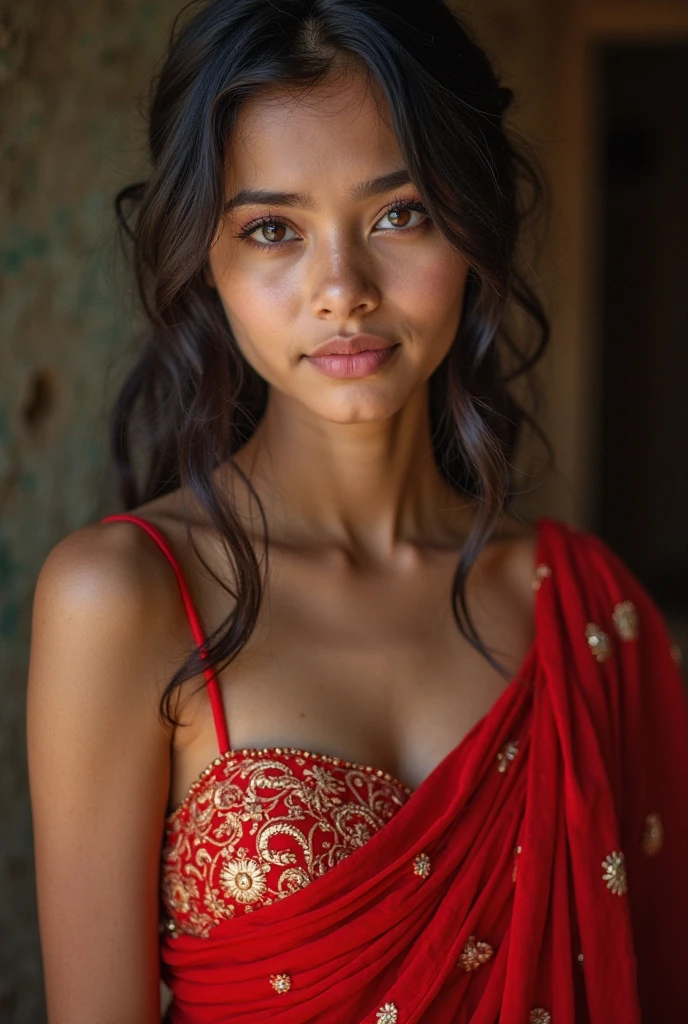 A 16 year old sexy Indian princess, dressed in a red seethrough saree, showing dark nipples 