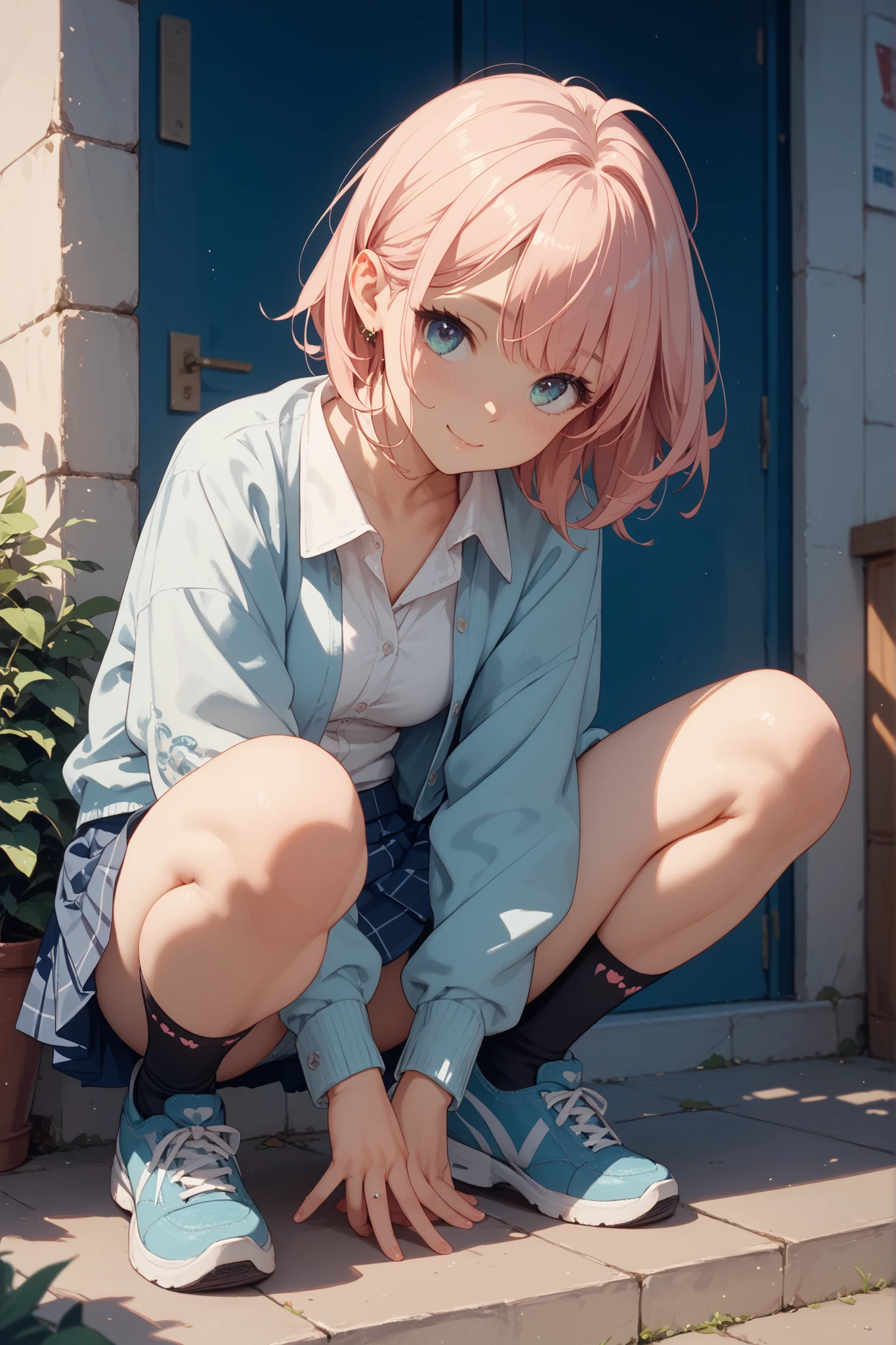 （Film portrait photography，Full body image，Beautiful two-dimensional wallpapers）（Soft professional lighting，35mm film，imagine：1.3，Tyndall effect）（16 year old cute and beautiful girl：1.6，Wearing blue pajama jacket：1.4，White and long meaty legs：1.3，blush and smile：1.3，pink lips：1.4，plump figure：1.5，cute feet：1.3，double ponytail：1.3，French bangs：1.2）（Hold your legs，Curl up，Sitting on the wooden floor：1.5，Place your chin on your knees:1.2，In a Japanese style house：1.3，The picture is very neat ：1.5）