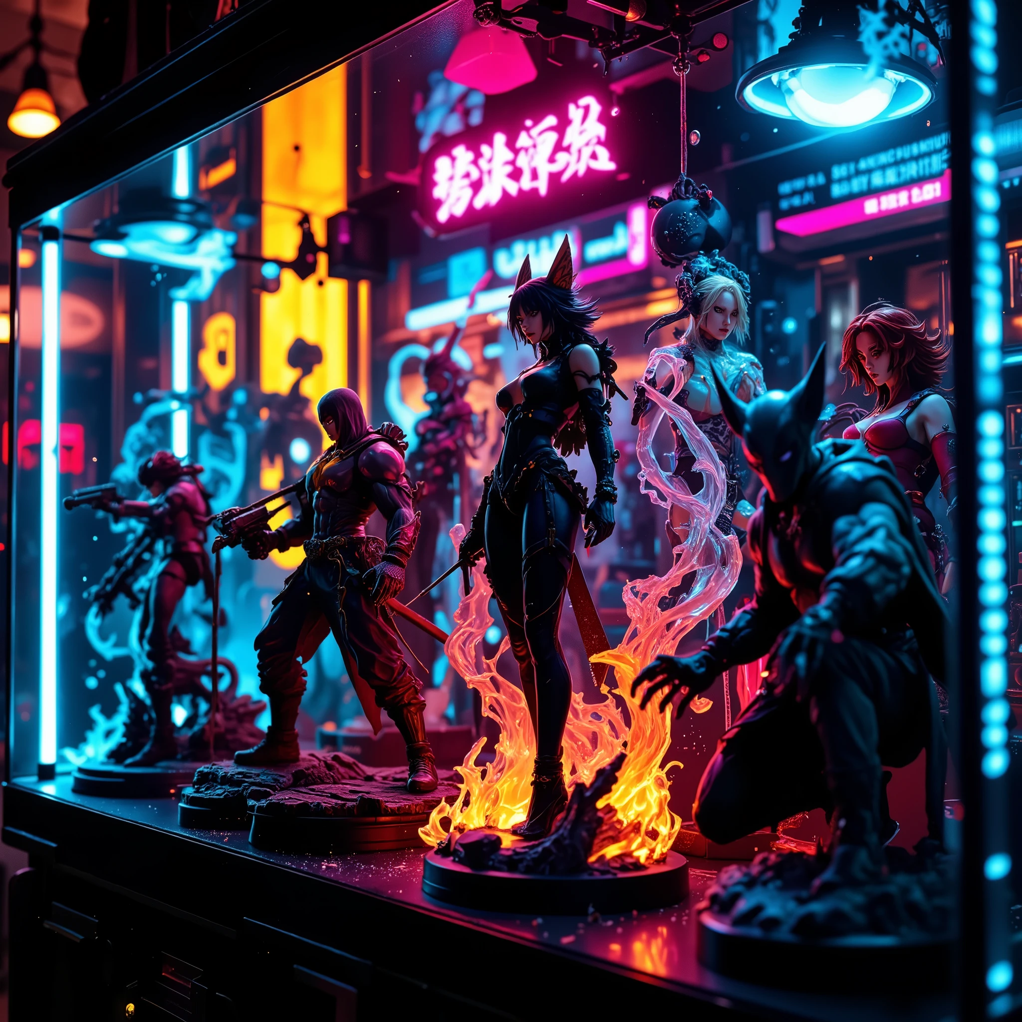 sharpness, extremely visible, poster style, Ultra-detailed anime figure collection, full of dynamic action statues in battle poses, glowing RGB lights reflecting on transparent display case, cyberpunk neon ambiance, intricate sci-fi and fantasy designs, cinematic lighting, warm color tones with magical dust particles floating, dramatic camera angle, extremely high detail, hyperrealistic textures, extremely clear image, high-quality rendering, Masterpiece, high-quality, high detail, ultra-detailed, complex texture, details, 32k, extremely clear image