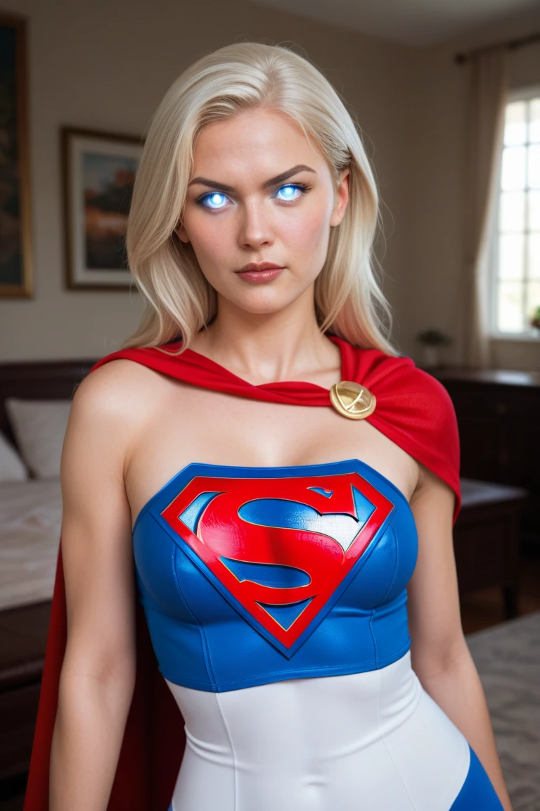 Hyper photo realistic picture perfect supergirl, perfect face, thin curved platinum blonde eyebrows,  long luscious eyelashes, thick black eyeliner, black eye shadow, big eyes, Florence blue eyes, bright cheek makeup, bright red lipstick, beautiful perfect face. Curved lips, skimpy supergirl outfit, perfect round breasts, slinder waist, perfect hips, perfect ass, krypton giant planets on sky