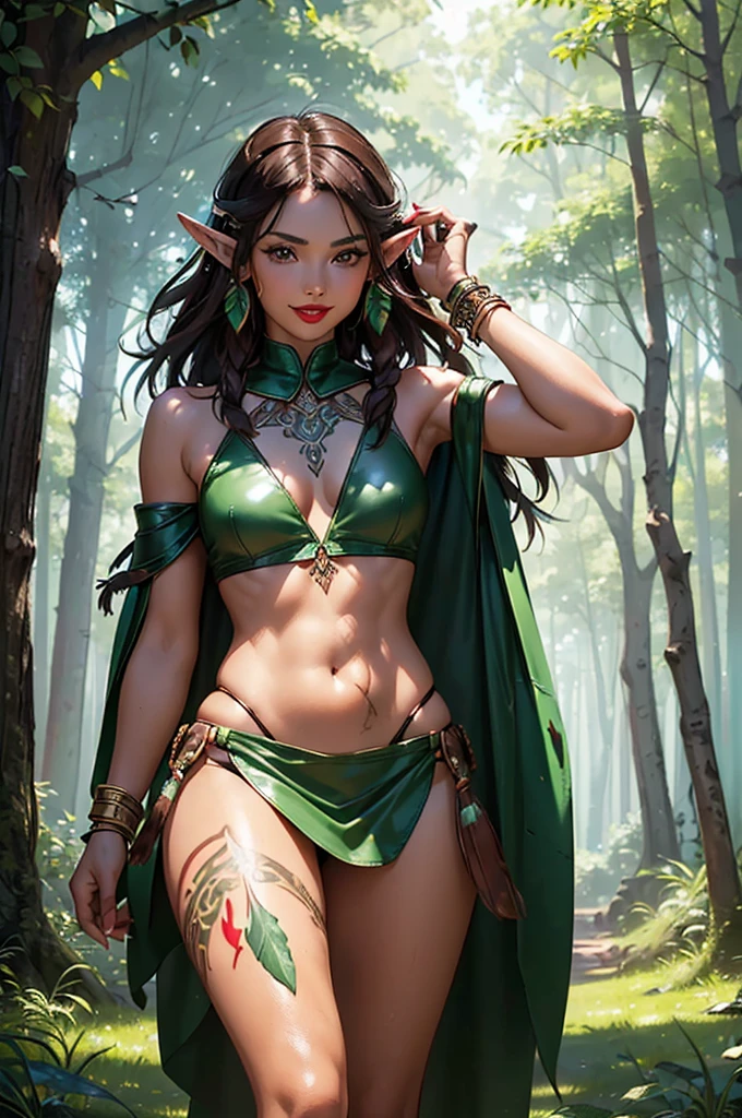 Arrogant river warrior, (Bikini Armor [Golden:Violet:0.5]:1.1), ((Best Quality)), ((Big blue shiny magic necklace:1.1)), 1 female,  (Liv Tyler Faith:1.3), ((Elven ears )), (Sexy seductive poses:1.1), Sexy long legs, (Muscular thighs:1.1), (bangle:1.1), (Bracer:1.1), (Shoulder Braces:1.1), (bare torso:0.8), ((Wide leather belt with a dagger hanging)),  (Strapless bra: [wallet:0.6]:1.2), full red lips, Slim body, Soft white skin, (Large breasts: 1.25), Very narrow waist, (hair long with bangs: 1.2), (Ponytail: 1.4), voluminous lighting, intricate detailes, Dynamic Poses, forest, Narrow River, (Deep dark shadows), (Powerful cinematic lighting), Fine detail, 8k post-production, High resolution, Super Detail, Trending in art stations, Sharp Focus, Depth of field f/1.8,
