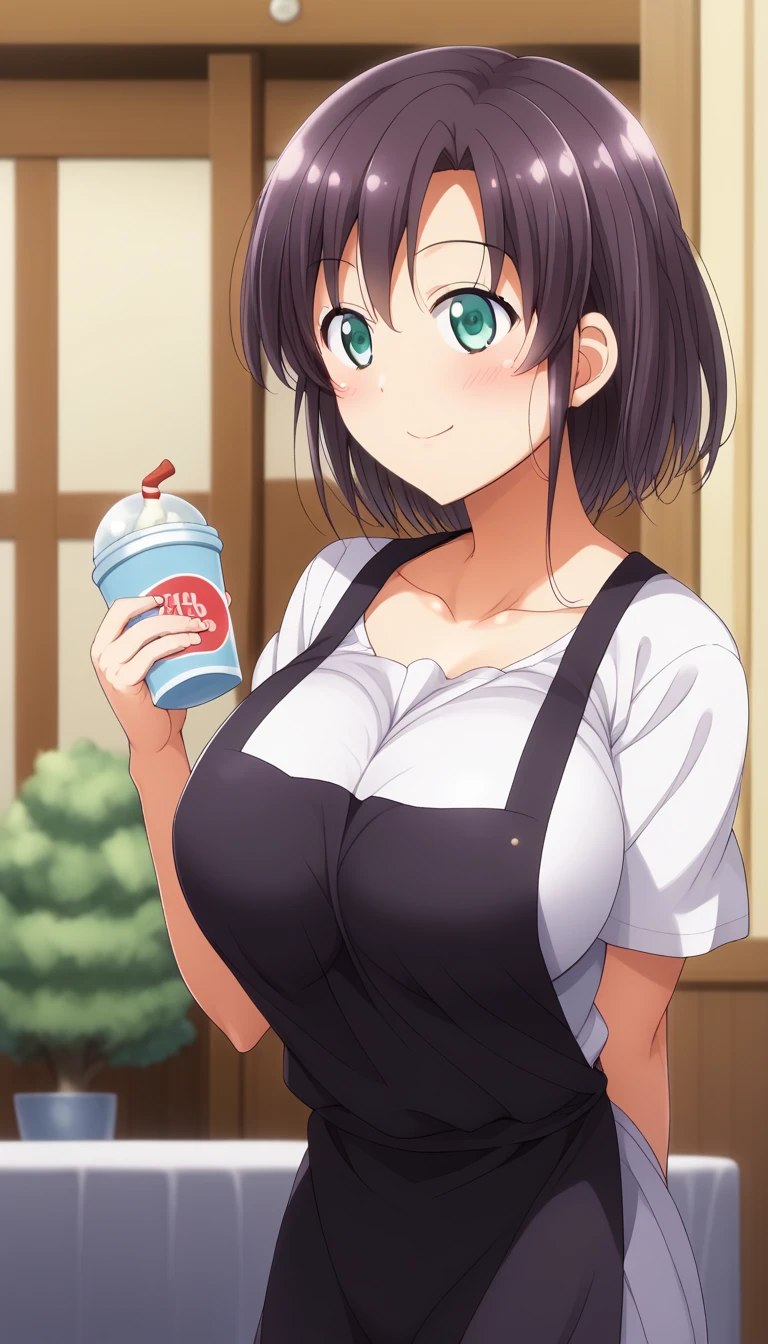 good anatomy, masterpiece, best quality, 4k, 8k, professional photography, soft light, sharp focus,1girl,
meme_iced_latte_with_breast_milk,starbucks,
cafe, blurry background, light particles, apron, barista, breasts, collarbone, cup, green_apron, coffee holding,
iced_latte_with_breast_milk_(meme), looking_at_viewer, meme, naked_apron, sideboob, solo, curvy, narrow waist, ANIME_Short hair,breasts,huge breasts,large breasts,bangs,blue eyes,sidelocks,lipstick,makeup,black hair,hair between eyes,red lips,eyebrows visible through hair,