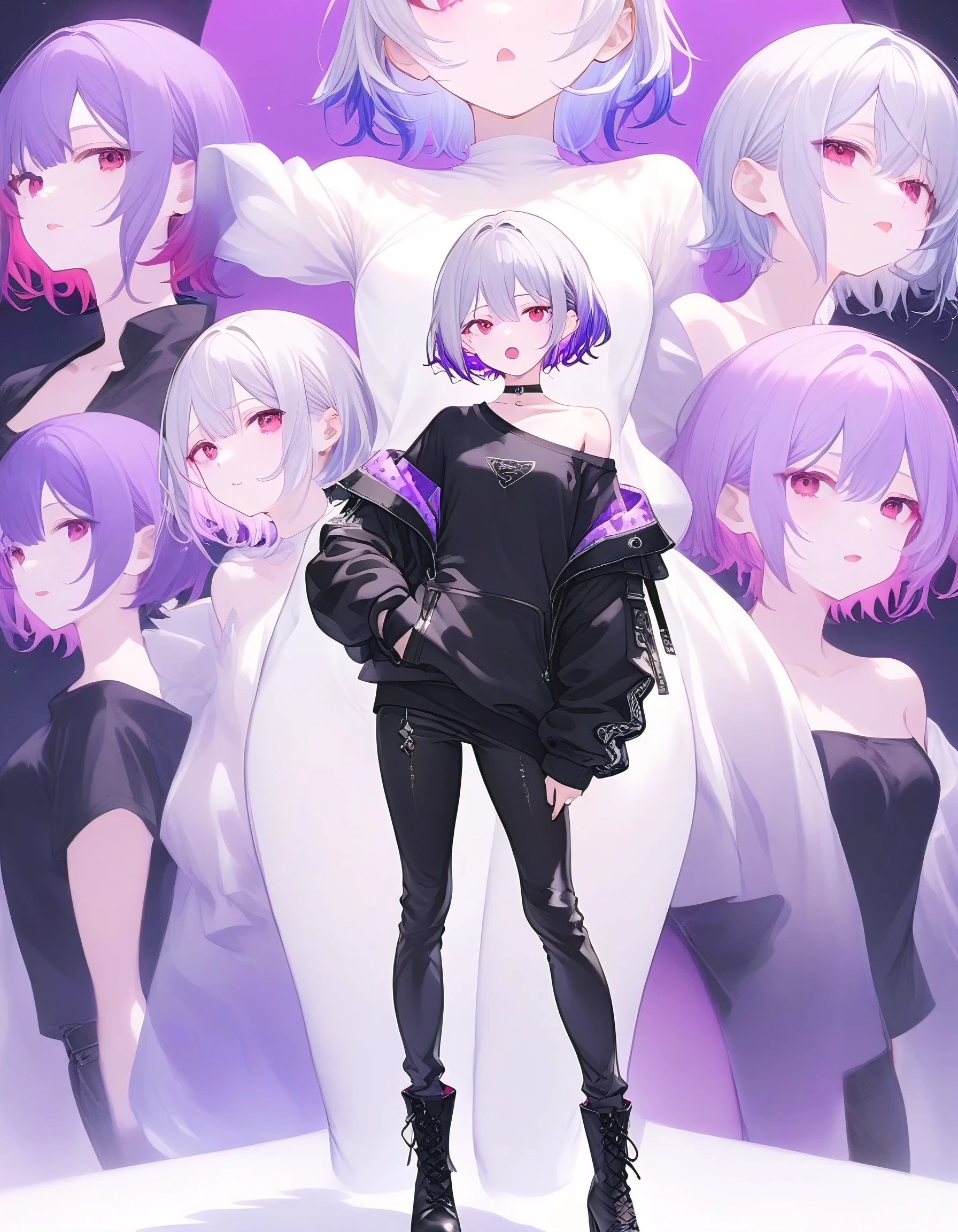 womanhood、Height 165 cm、Model Body、thin macho、Light purple inner color hair、magenta mesh hair、The skin is pale、black shirt、cool、 neutral、cool、Center-Parted Bangs、 genderless、short hair、silver hair、Light Red Eyes、若いwomanhood、A woman alone 、Full Body、Standing picture、front、Off-the-Shoulder Tops、skinny pants、short boots with heels、open your mouth、