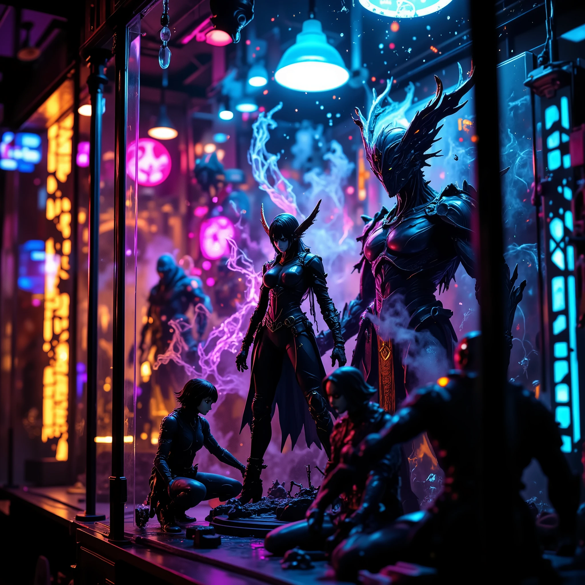 sharpness, extremely visible, poster style, Ultra-detailed anime figure collection, full of dynamic action statues in battle poses, glowing RGB lights reflecting on transparent display case, cyberpunk neon ambiance, intricate sci-fi and fantasy designs, cinematic lighting, warm color tones with magical dust particles floating, dramatic camera angle, extremely high detail, hyperrealistic textures, extremely clear image, high-quality rendering, Masterpiece, high-quality, high detail, ultra-detailed, complex texture, details, 32k, extremely clear image