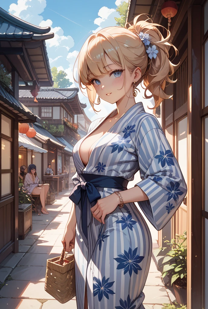 高いquality illustration, masterpiece, Very delicate and beautiful, Slender body, Anime Style, Beautiful Eyes, masterpiece, Highest quality, High resolution, Very detailed, Perfect lighting、very young、1 female、smile、ponytail、Blushing、Selfie、Cleavage、Festivals、yukata