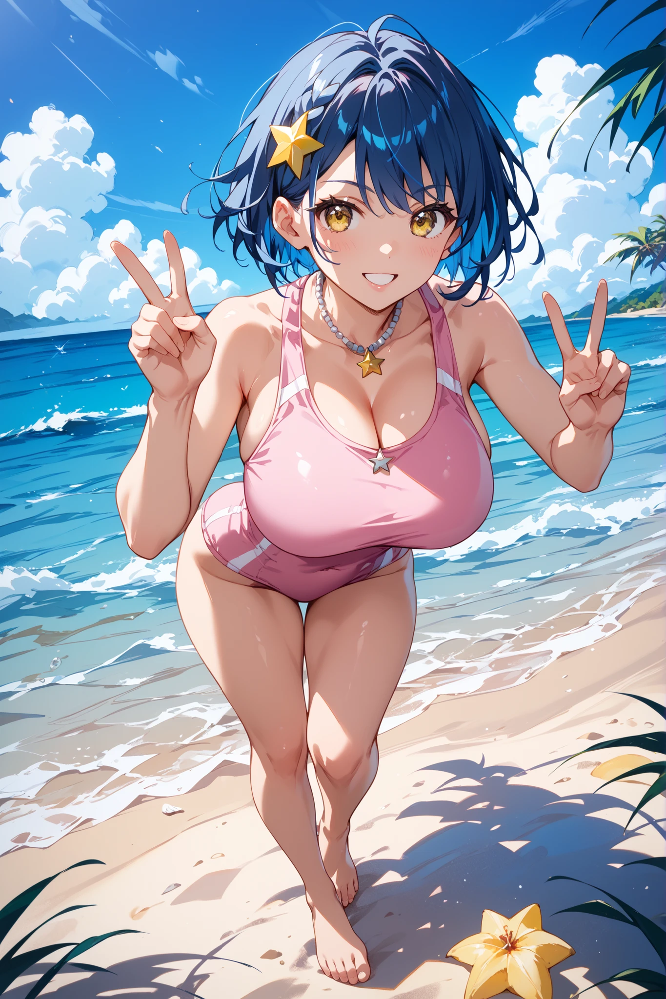 (((masterpiece))), ((highest quality)), ((Very detailed)), ((High resolution)), ((8k)), ((Anatomically correct)), One Woman, Short Hair, Big Breasts, (he is short), Very cute woman, delicate, Charming smile, Colored Hair, Bright Eyes, Big Eyes, Best moment, Vivid eyes, Beautiful Skin, Cute face, delicateな腕, Detailed skin texture, Intricate details, Very detailedな顔, Beautiful Eyes, Beautiful curves, View your viewers, Beautiful thighs, Sweating, I can see my belly button, Wear colorful swimwear, Beach at night, barefoot, A big smile, Looking up, Open your mouth, blush, Date with a lover, Reach out to your audience, Denim shorts, Wearing Sandals, Triangle sitting,