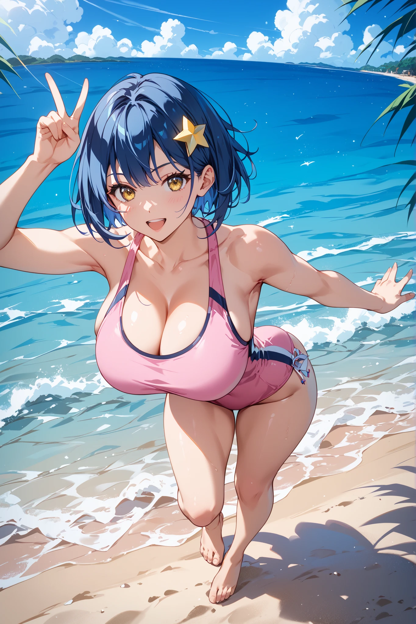, Looking at Viewer,
blue hair, large breasts, Smile, Open mouth, blush,large cleavage,slingshot suimsuit,smile,wide hips
