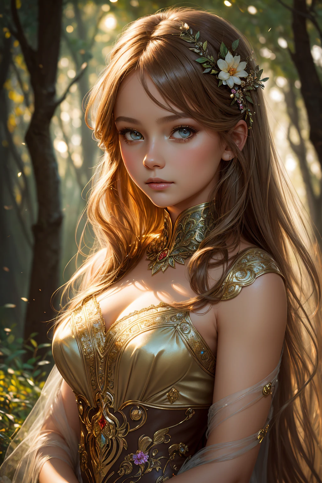 8k, best quality, masterpiece, highly detailed, absolute realistic, Sansa Stark in the world of Game of Thrones, 20 years old, sheer medieval style cut clothes, short sundress, deep neckline, frivolous clothes, bare shoulders, golden details, thin figure, opened clothes, cold expression, outdoors, forest background, with many trees and dark sky