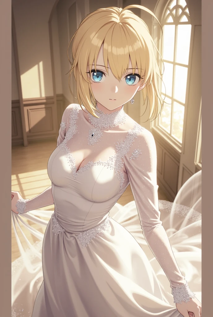 masterpiece, beautiful detail, beautiful light and shadow,Beautiful Anime Woman, Beautiful art style, Anime characters,1girl, ((((solo)))),saber,blonde hair, short hair, hair ribbon, dress,navel,cleavage, white collar,outdoors,winter,smile,parted lips break ((dynamic pose)), dramatic makeup, close-up