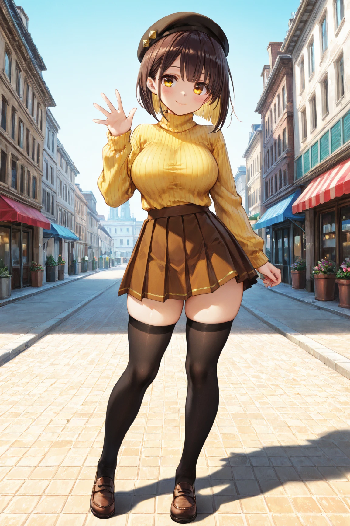 masterpiece, best quality, highres, hyuugaise, short hair, ponytail, hair ribbon, black shirt, skin tight, brown skirt, clothes around waist, <lora:hyuuga_&_ise_v1:0.8>, outdoors, standing, cowboy shot,
