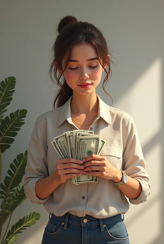 high quality, detailed, A girl is counting a stack of bills in her hand,The girl is sitting on the bed,(the girl is very beautiful and very cute),(13 years old),((the girl is completely unclad)),