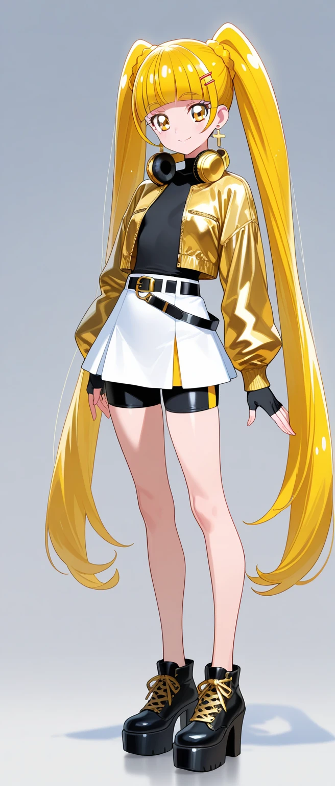 girl in short skirt, yellow hair, Twin Tail, full height, 3D wallpaper.