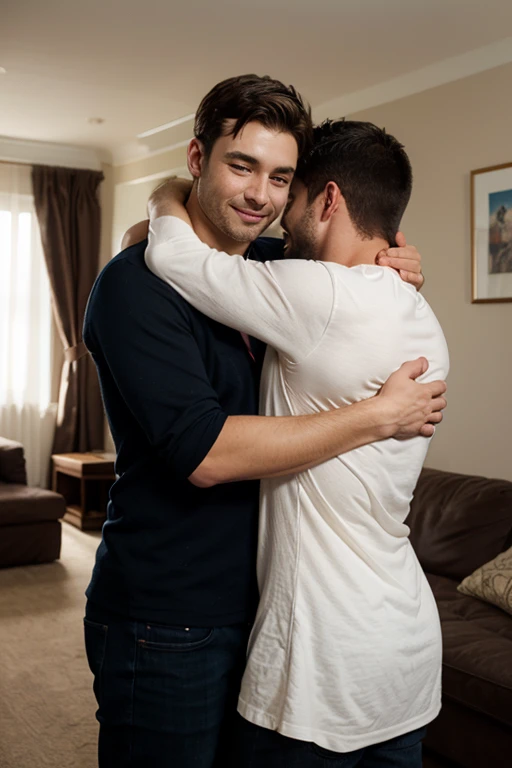 A man kissing another man in a bedroom with a crack opened closet for a woman to watch. Sfw