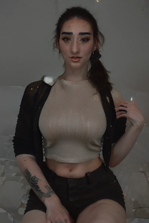 35-year-old woman with European facial features, (((gray shoulder-length hair))), bangs, makeup, earrings and jewelry, eyelashes, ((gray sweatshirt open)), (((black blouse with a low-cut neckline underneath))), large breasts, jeans, sitting on the sofa, looking at the viewer , darkened room, close-up