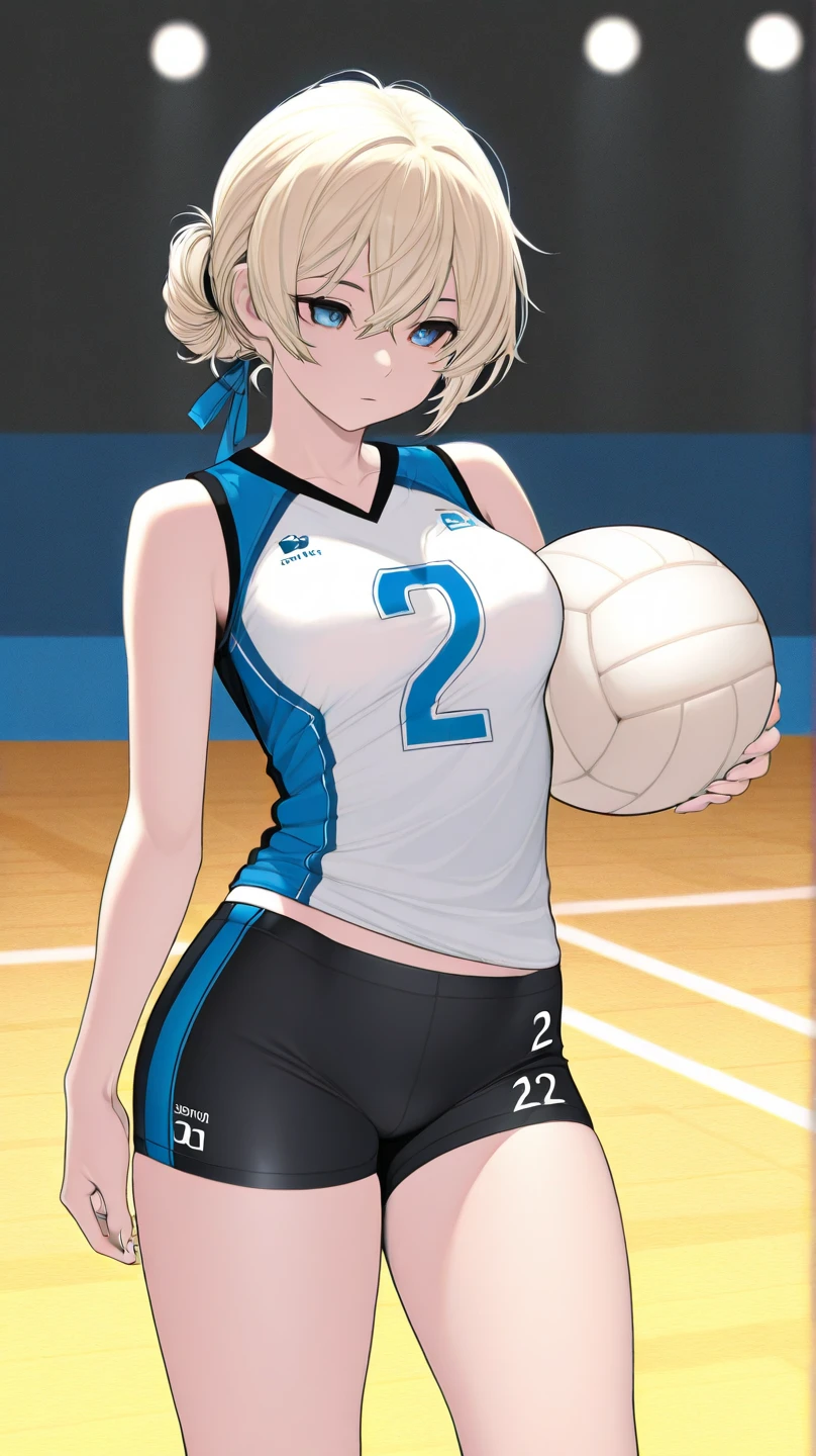 unity 8k wallpaper, anatomically correct, (((masterpiece))), (((best quality))), (((ultra detailed))), (((high-resolution))), ((super fine illustration)), ((Ultimate cutie)), detailed beautiful face, shiny hair, 18 years old,((blush)), ((potbelly)), (curvy), medium breasts, ((Thick thighs)), sleeveless volleyball uniform, ((buruma)), ((knee pad)), (elbow pad), ((hold volleyball)), ((hold a 6-inch volleyball)), cowboy shot, in volleyball court, in school gymnasium,
BREAK, (Yuri), 2girls_A_and_B, A girl_have_{{blond ponytail}}_{hair bow}_{{happy}}_{smile},
BREAK, B girl_have_{black short hair}_ {hair bow}_{{{smirk}}}