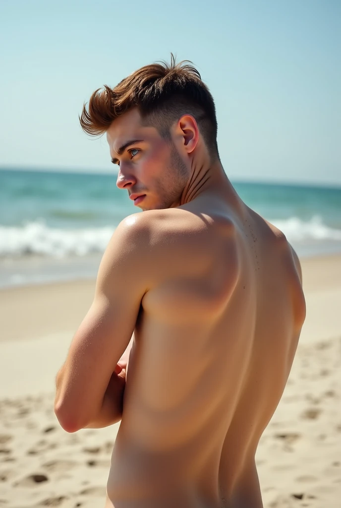 (man) (young) a naked boy on the beach lying down, showing his penis
