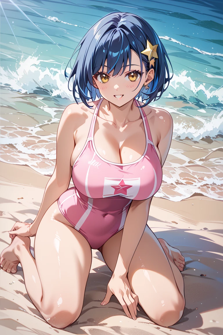masterpiece, best quality, beautiful art, high resolution, well formed hands, body and fingers, 1 woman, solo, Sailor Mercury, grown up, cosplaying as Mai Shiranui , adult, big breasted, cleavage full body, blue hair, hair ribbon, gorgeous legs and, thighs, sexy Japanese clothes, hair ornament, elbow gloves, tiara, sailor collar , ryona,in peril, she is defeated, knocked out, passed out, closed eyes, exhausted, unconscious, laying down on the sand, extended exposed body, full body on the sand, breathing heavily, sexy smirk on her face, bouncing breasts, sexy defeated pose, defeat and KO scene, fallen beauty, martial arts tournament with beach environment