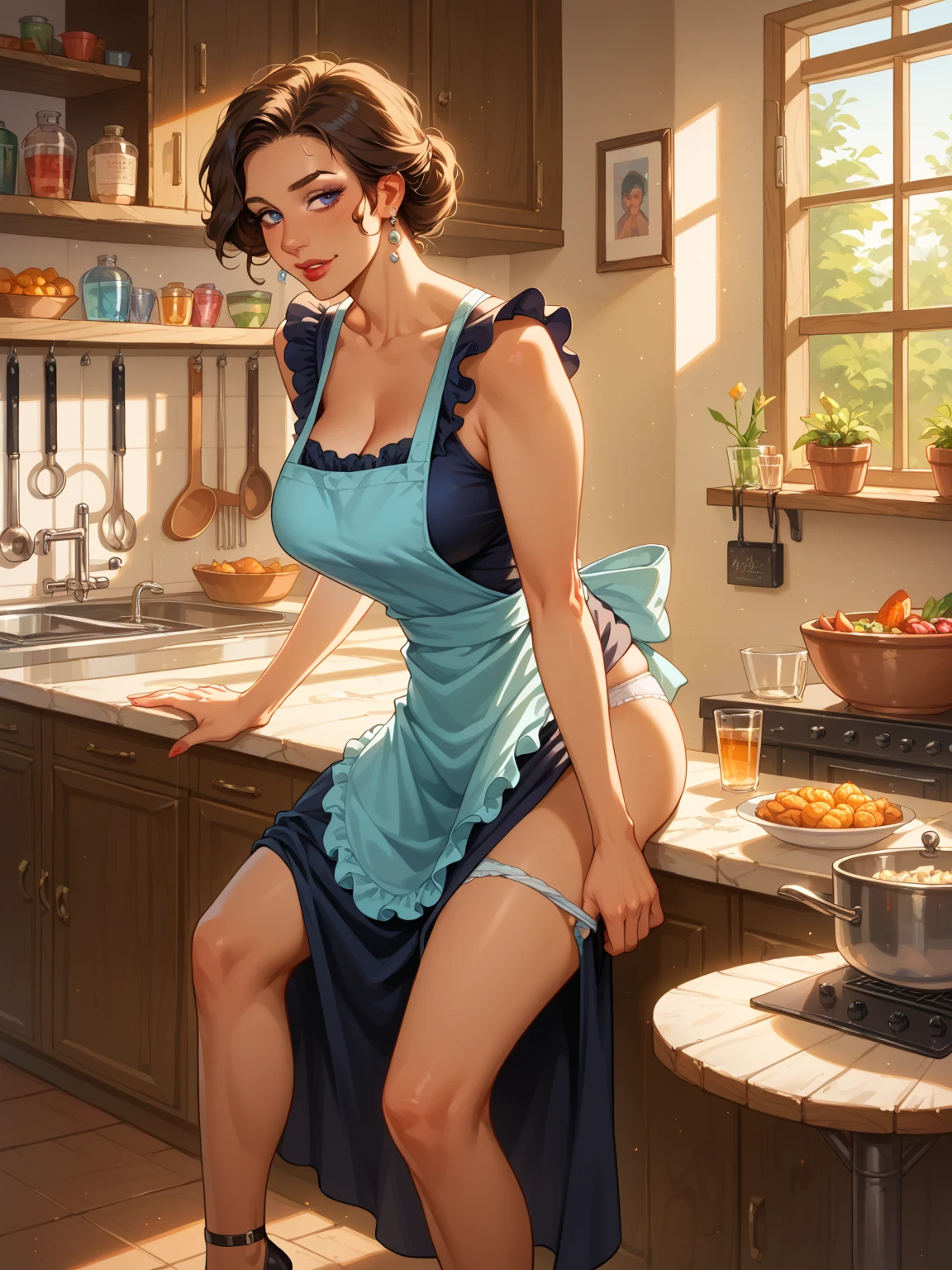 RAW, leica lens, high resolution photography, bokeh, superbly beautiful teenager, indian, (((11yo))), (adorable, youthful, juvenile, young, cuties, stunning), naked, (((only wearing short apron))), curvaceous, slim, round cleavage, (dark black nipples), accentured body, big hips, firm thighs, toned abs, (perfect hairy pussy), in the luxurious kitchen, ((realistic sweaty skin)), (detailed face and eyes:1.2), volumetric lightings, soft shadow, (messy chignon hair), (full-body shot),(((purple datk green gradation hair color)))