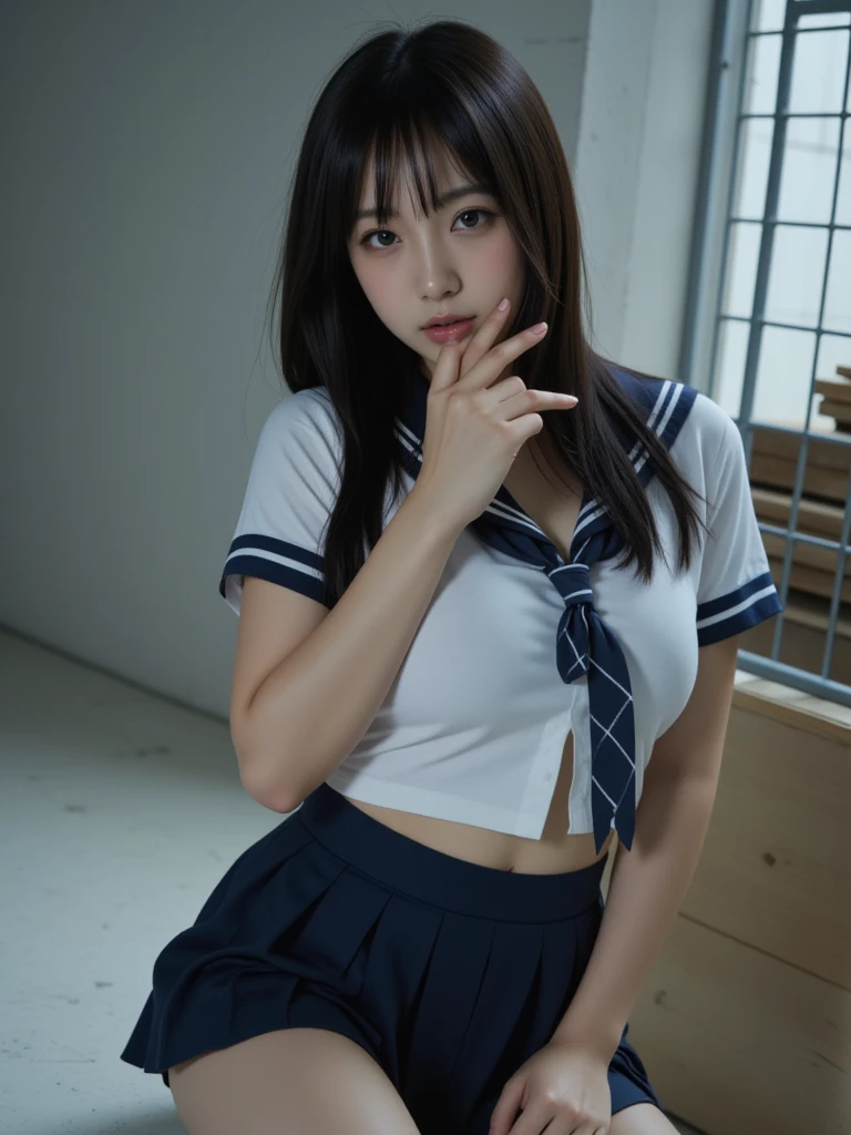 masterpiece, best quality, cinematic, photorealistic, ultra-detailed), (1girl, female Japanese student), (wide shot, from the front:1.4), (wearing a Traditional seifuku with a navy blue skirt and white blouse:1.5), (natural black hair, high ponytail tied with a simple ribbon:1.2), perfect hands, perfect face, (tall height, wide hips, long round legs, sexy legs, round ass), (massive natural soft tits), (hazel eyes, soft and shimmery eyeshadows, detailed pupils, defined eyelashes), (blushing, slightly parted lips, nude pink lips:1.2), (gradient background:1.3), (crouching seductively:1.4)