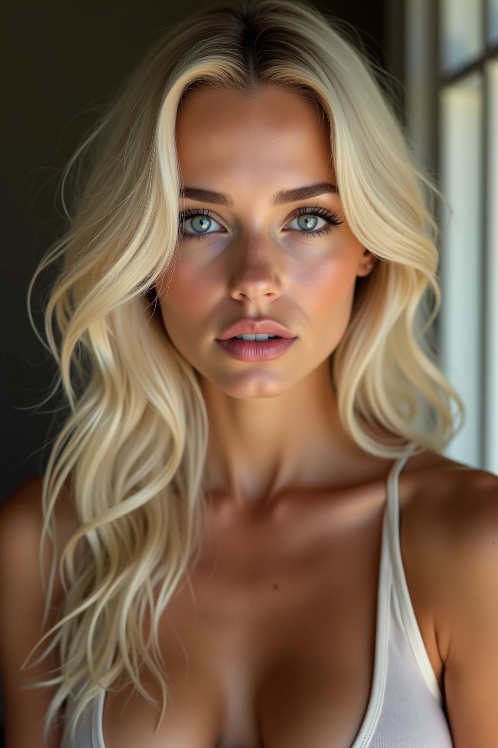 Mix a blonde girl (Isabella Deltore, Ursula Karven, blonde Behati Pinsloo und blonde Meghan Markle), Sun-tanned skin, Hairline, blonde Bob Haare with vielen blonden Strähnen, bleached blonde bob hair, Shoulder Bob, , blonde Bob Haare with vielen blonden Strähnen, pointed nose, bleached blonde bob hair, Shoulder Bob, Subscribe to something, 4, lifted face, Nose for Plastic Surgery, Vampir-Lifting, Pores on the cheeks, broad nasal bone, Eye wrinkles, small laugh lines, Hautpo, Pointed cheekbones, HIGH CHEEKBONE, Almond eyes, Schmale Almond eyes, Smokey Eyes Make-up, Vamp Make-up, Subscribe to something, brownish skin, Surgical lips, detailed face details (freckles, folds, Hautpo) Full body image of (woman, stand, with, Arms crossed,little smile), (Detailliertes Realistses Gesicht), (((Hyperdetailed))), symmetrical face, detailed students, expressive make-up, Real photography, modern look, Real photography (Realists:1.5); She wears various sexy colorful dresses, Bold dark eye makeup Vamp Mascara, long black dark eyelashes, sitting in the living room, Show hips, Confident Pose, dominant woman , black eyeshadow, spectacular show make-up, Image grain, pixel grain, Hips posing, Sexy hips, Full body shot, long legs, sexy legs, large , large , busty, She presents her body cheekily, provocative for the viewer, Sexy attitude, pussy:1.9, vagina:1.9, clitoris:1.9, (small pussy:1.5), (modern office background:1.3)、Golden blonde long hair、(High Heels), (Seductive pose:1.2) professional photo, HDR, Natural light, (Anti-aliasing:1.2), elegant, Soft, diffuse light, Realistssch proportions, limited range, Contre-Jour, Accent Lighting, (Neutral Colors:1.3), (Cough:1.7), cinematic lighting, coherent light, coherent shadows, depth of field, 35mm Photography, epicPhoto, ((naughty slut:1.5)) ((Whore in tight skirt:1