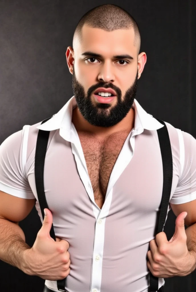Latino , 50 years old, short hair, stud, hairy, hairyalpha, BeardAlpha, oversized pectorals, heavy pectorals, erectction undes, intimidating, smirking, nipple rings, angry, ening, streetbackground