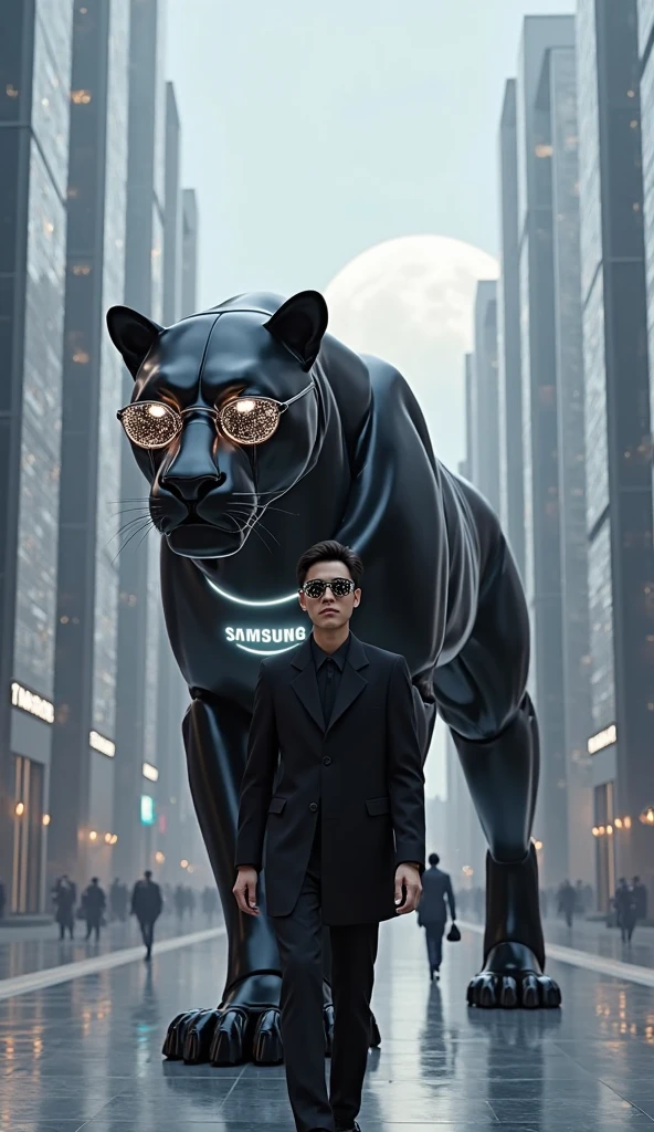 (((Masterpiece), (Excellent), (Super Meticulous), (Full Body: 1.2), Super Young Man, Oriental Face, Japanese Wind and Thunder God, Dragon, Tiger, TV Anchor, Bust Portrait Illustration, Alone, Black Formal Suit, Blue Tie, Slightly Chubby Face, Silver Glasses Face Very Clean No Beard, Black Super Short Hair, Black Eyes, Confident Smile, 3c Computer Sub-Products, iPad, iPhone, Digital Painting, 3D Character Design by Akira Toriyama and Mark Claireden and Pixar and Hayao Miyazaki, The illustration is a high-definition illustration in 4K resolution with very detailed facial features and cartoon-style visuals.